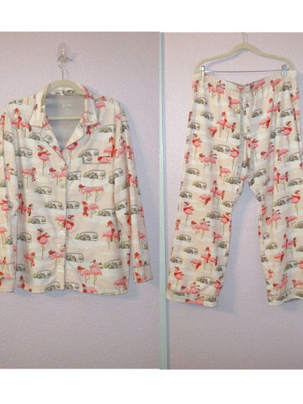 Nick & Nora Flannel Pajama Set Size XXL Flamingo Airstream Top & Pants 2 Piece